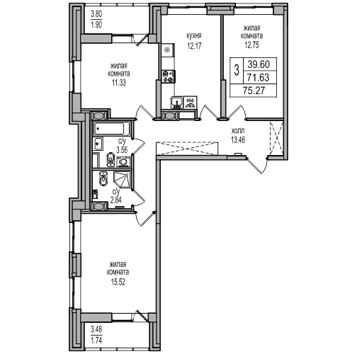 3-комнатная 74.7 м²