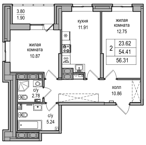 2-комнатная 55.3 м²