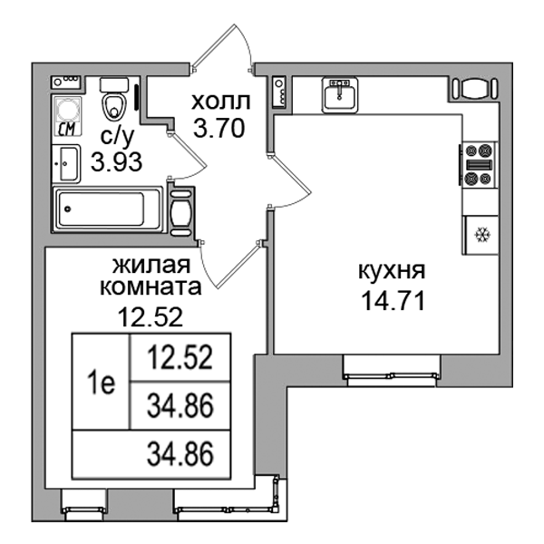 2-к. евро 34.3 м²