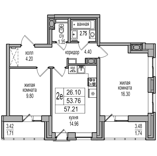 3-к. евро 56.9 м²