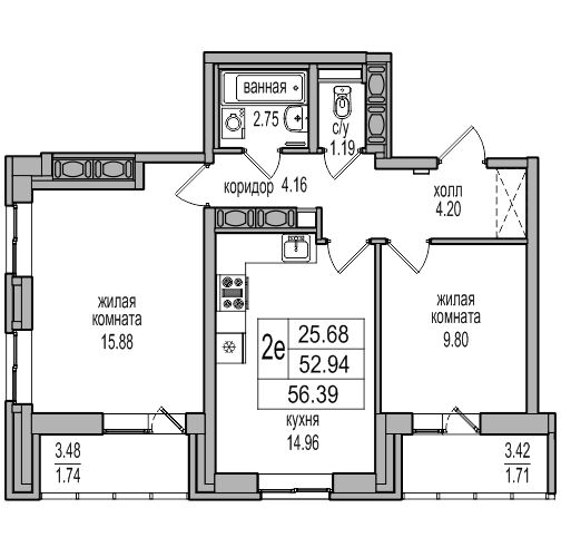 3-к. евро 56.39 м²