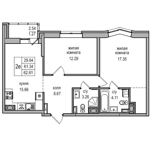 3-к. евро 62.61 м²