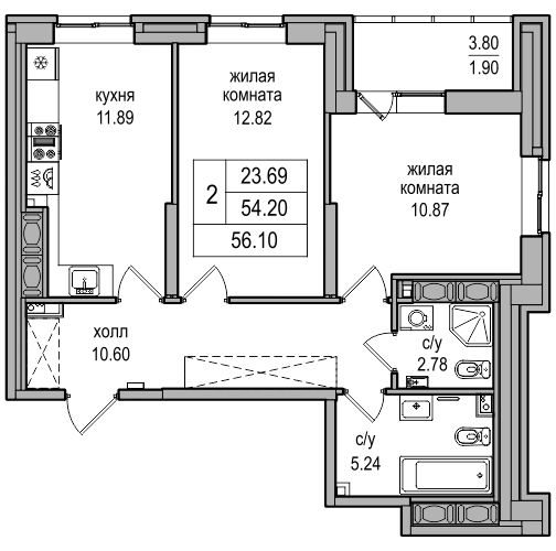 2-комнатная 54.5 м²