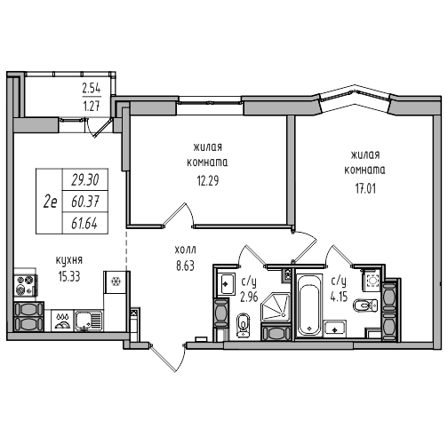 3-к. евро 61.64 м²