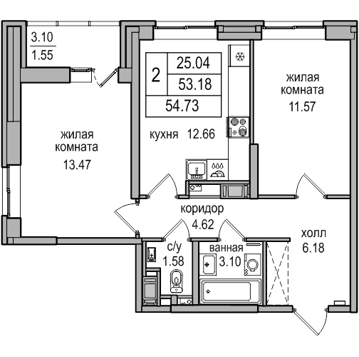 2-комнатная 54.2 м²