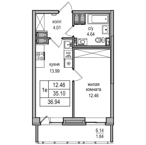 1-комнатная 37.1 м²