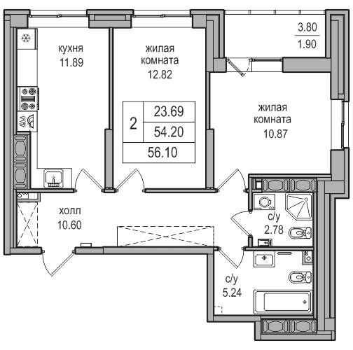 2-комнатная 55.4 м²