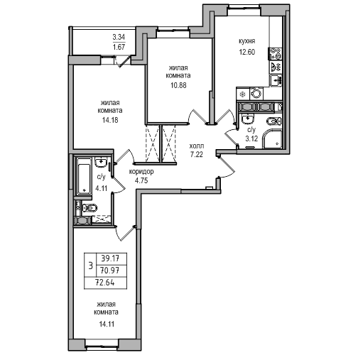 3-комнатная 72.64 м²