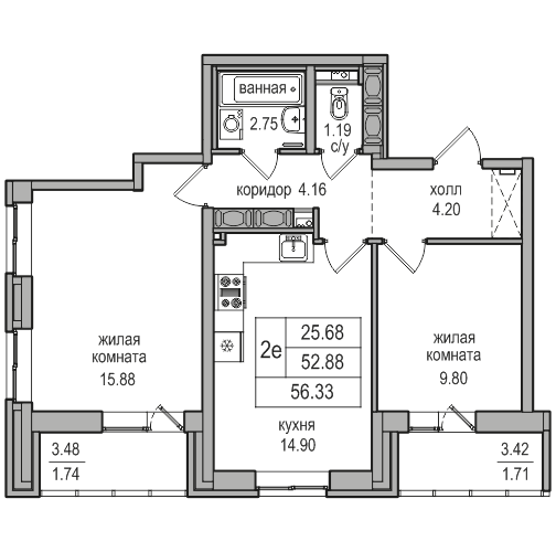 3-к. евро 56.33 м²