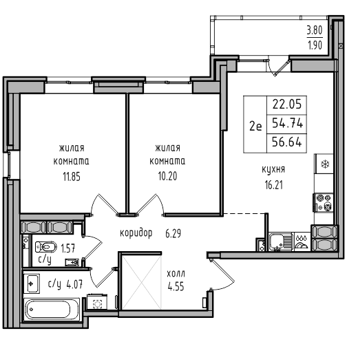 3-к. евро 56.64 м²