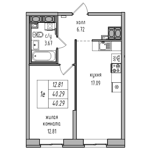 2-к. евро 40.29 м²