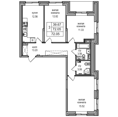 3-комнатная 71.7 м²