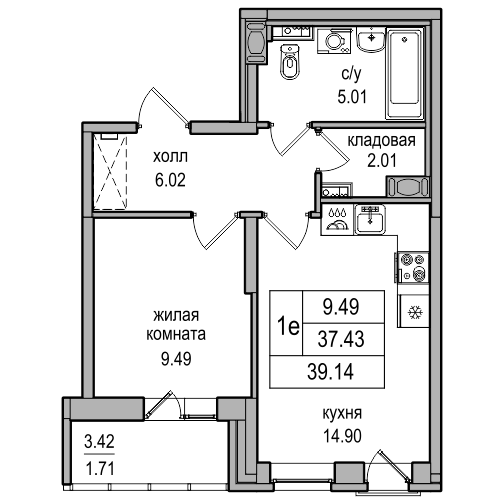 2-к. евро 39.14 м²