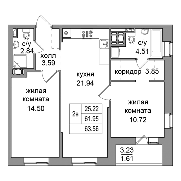 3-к. евро 63.56 м²