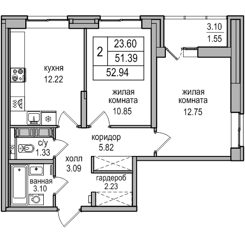 2-комнатная 52.3 м²