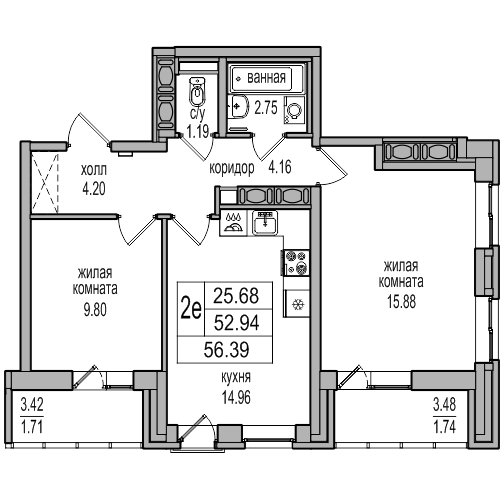 3-к. евро 56.39 м²