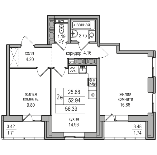 3-к. евро 56.39 м²