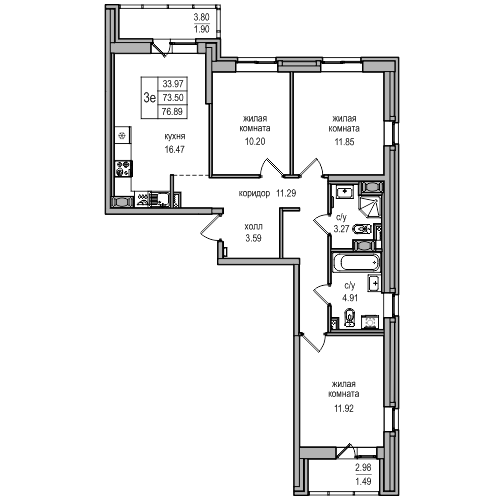 4-к. евро 76.89 м²