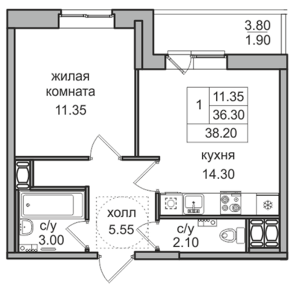1-комнатная 38.6 м²