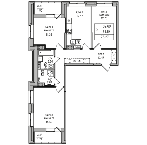 3-комнатная 74.6 м²