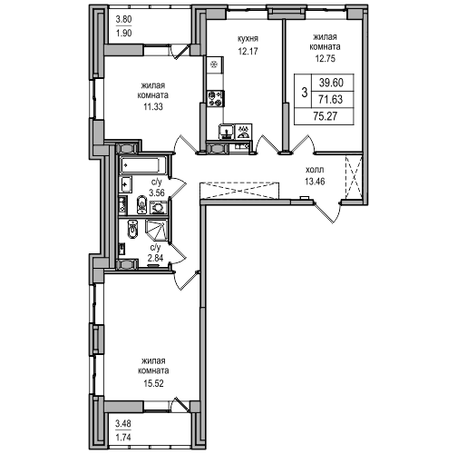 3-комнатная 74.3 м²