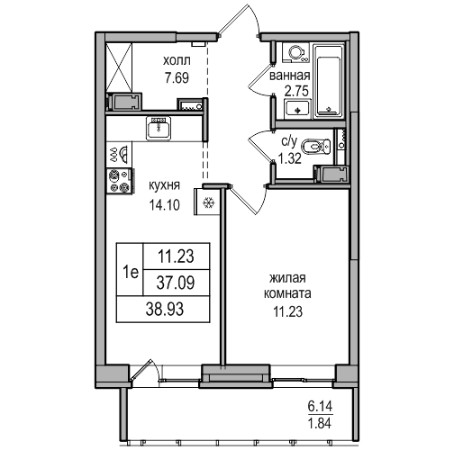 1-комнатная 38.93 м²