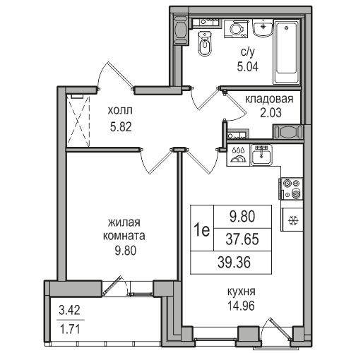 2-к. евро 39.36 м²