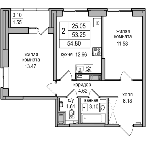 2-комнатная 54.5 м²