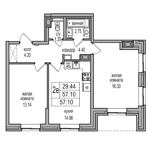 3-к. евро 56.4 м²