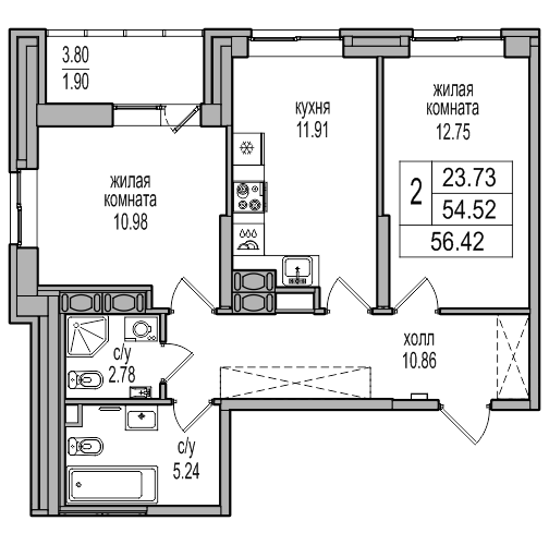 2-комнатная 56 м²