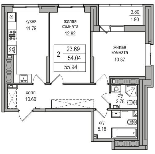 2-комнатная 55.2 м²