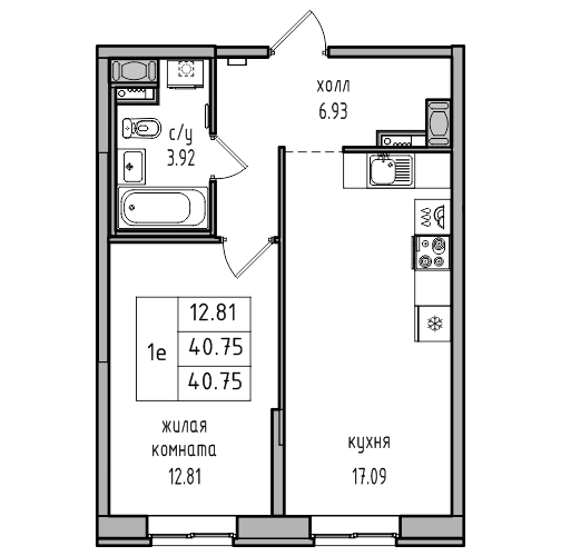 2-к. евро 40.75 м²