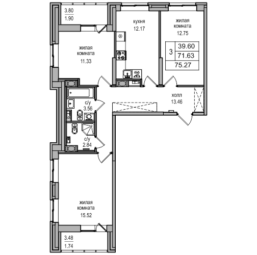 3-комнатная 75.3 м²