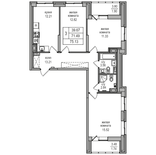 3-комнатная 74.6 м²