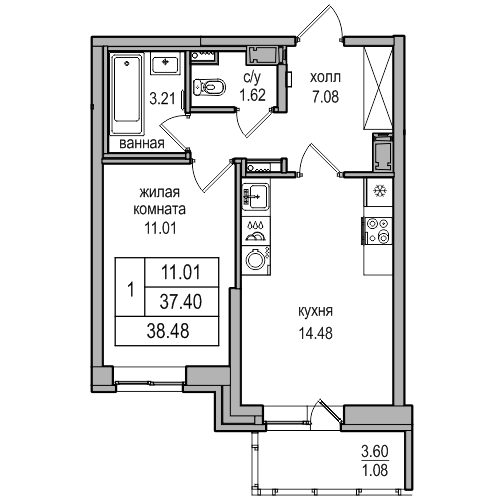 2-к. евро 38.48 м²