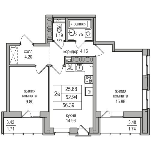 3-к. евро 56.39 м²