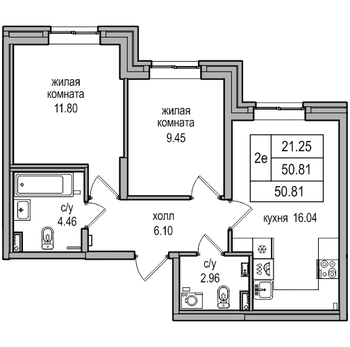 3-к. евро 50.81 м²