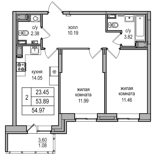 2-комнатная 54.8 м²