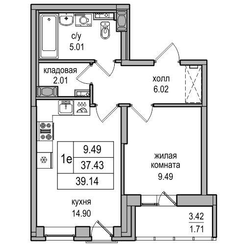 2-к. евро 38.5 м²