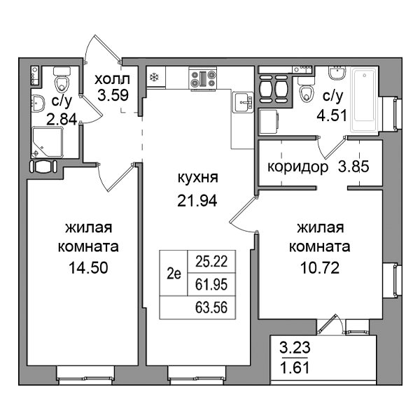 3-к. евро 63.56 м²