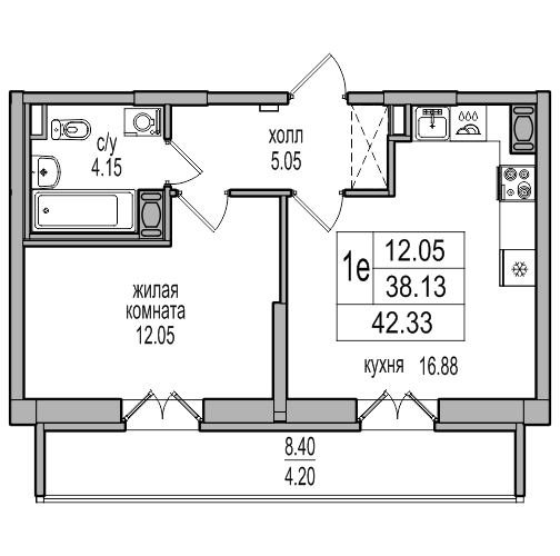 2-к. евро 42.33 м²