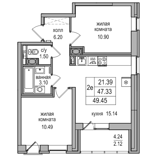 3-к. евро 49.45 м²