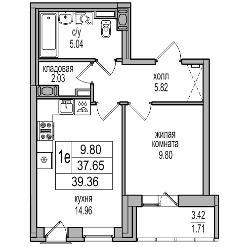 2-к. евро 39.36 м²