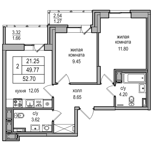 2-комнатная 52.2 м²