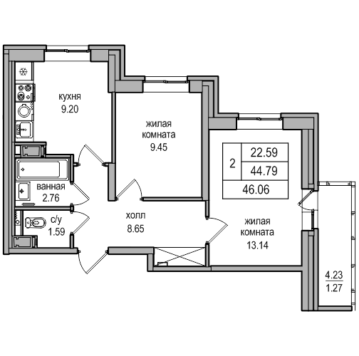 2-комнатная 45.7 м²