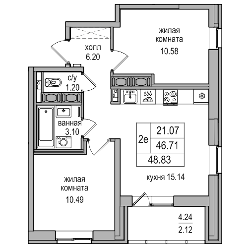 3-к. евро 48.83 м²