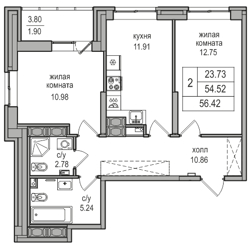 2-комнатная 56 м²