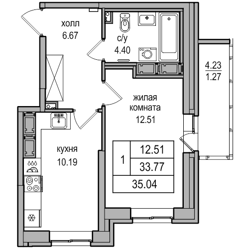 1-комнатная 34.8 м²