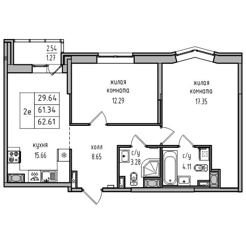 3-к. евро 62.61 м²