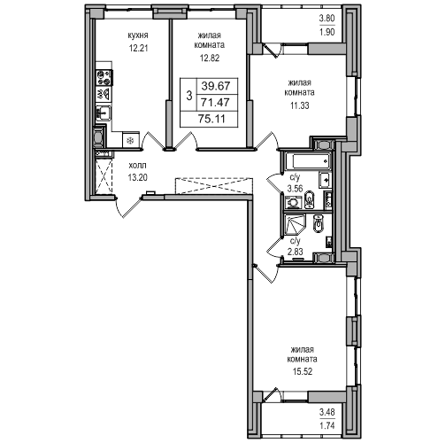 3-комнатная 75.1 м²